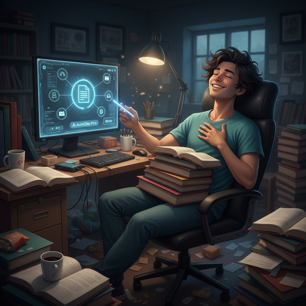 A graduate student using an AI citation tool at a cluttered desk, visibly relieved by the virtual assistant for academic citation style guides