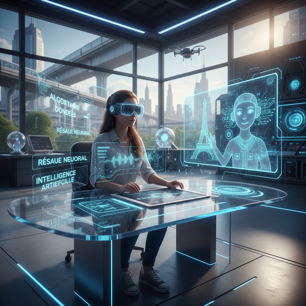 Student pracujący z laptopem przy dynamicznym interfejsie AI do nauki francuskiego technicznego