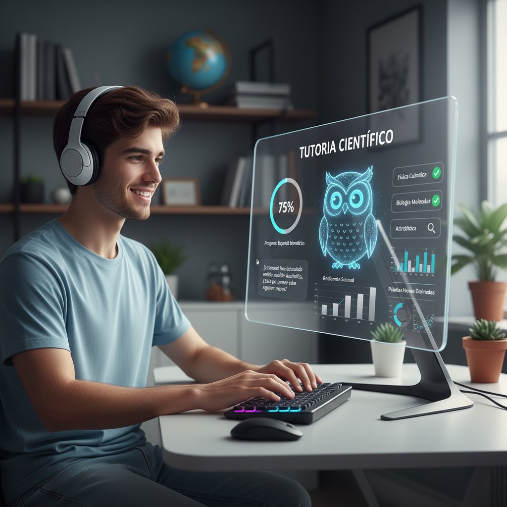 Student korzysta z osobistego korepetytora AI do nauki hiszpańskiego naukowego, ekran z postępami