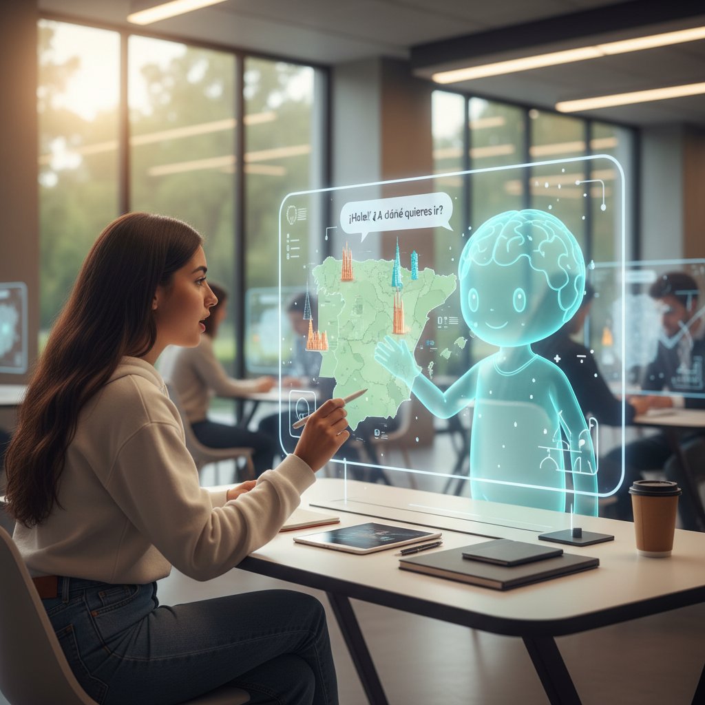 Nowoczesna lekcja hiszpańskiego online, nauczyciel AI na ekranie, uczeń aktywnie uczestniczy