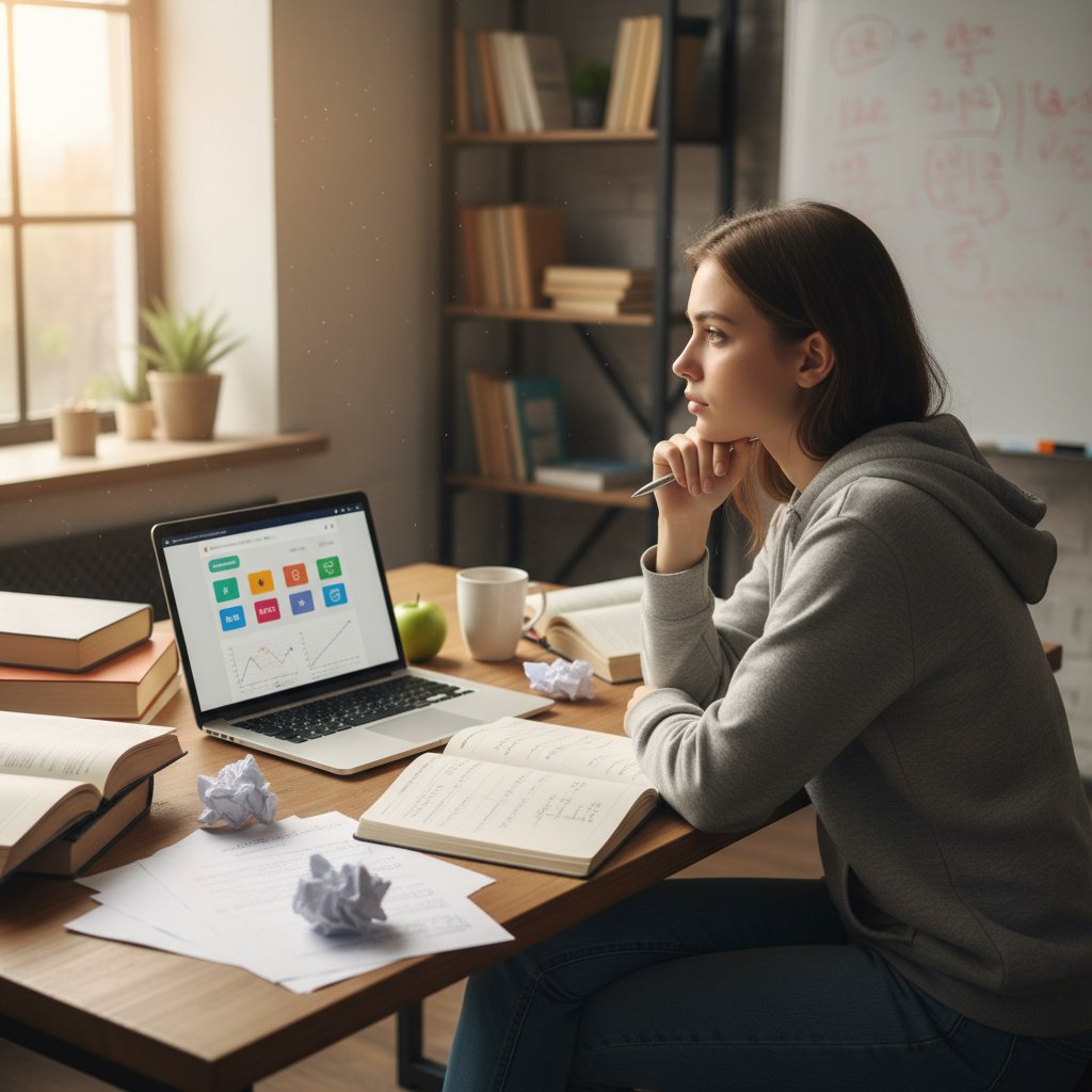 Uczeń siedzący samotnie przy biurku, zamyślony nad laptopem z notatkami z matematyki, światło lampki i telefon z aplikacją edukacyjną