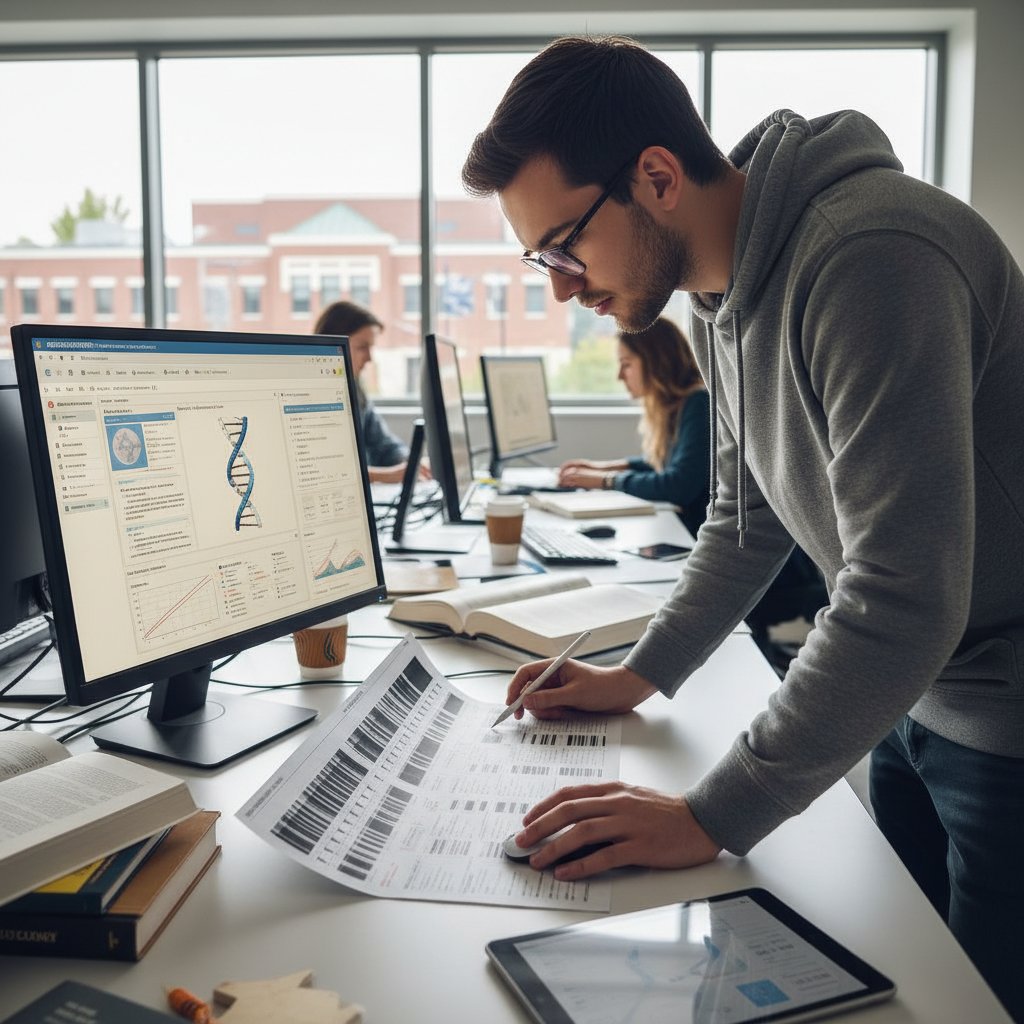 Student analizujący wydruk DNA podczas lekcji genetyki online, zbliżenie na notatki