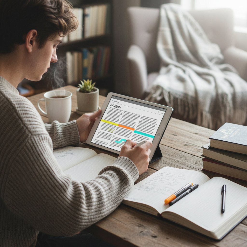 Student budujący słownictwo naukowe online, tablet, notatnik, cyfrowe markery, przytulne miejsce do nauki