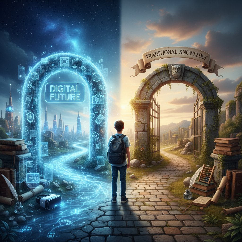 Symboliczne zdjęcie ucznia na rozdrożu – jedna ścieżka cyfrowa, druga tradycyjna; zmierzch, kontrast, 16:9