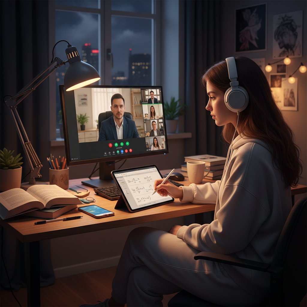 Uczeń uczy się historii online i robi notatki w domu