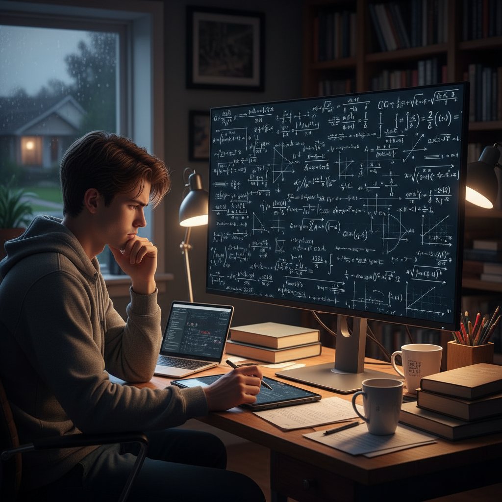 Uczeń w domu, ekran z równaniami matematycznymi – nowa rzeczywistość nauki online