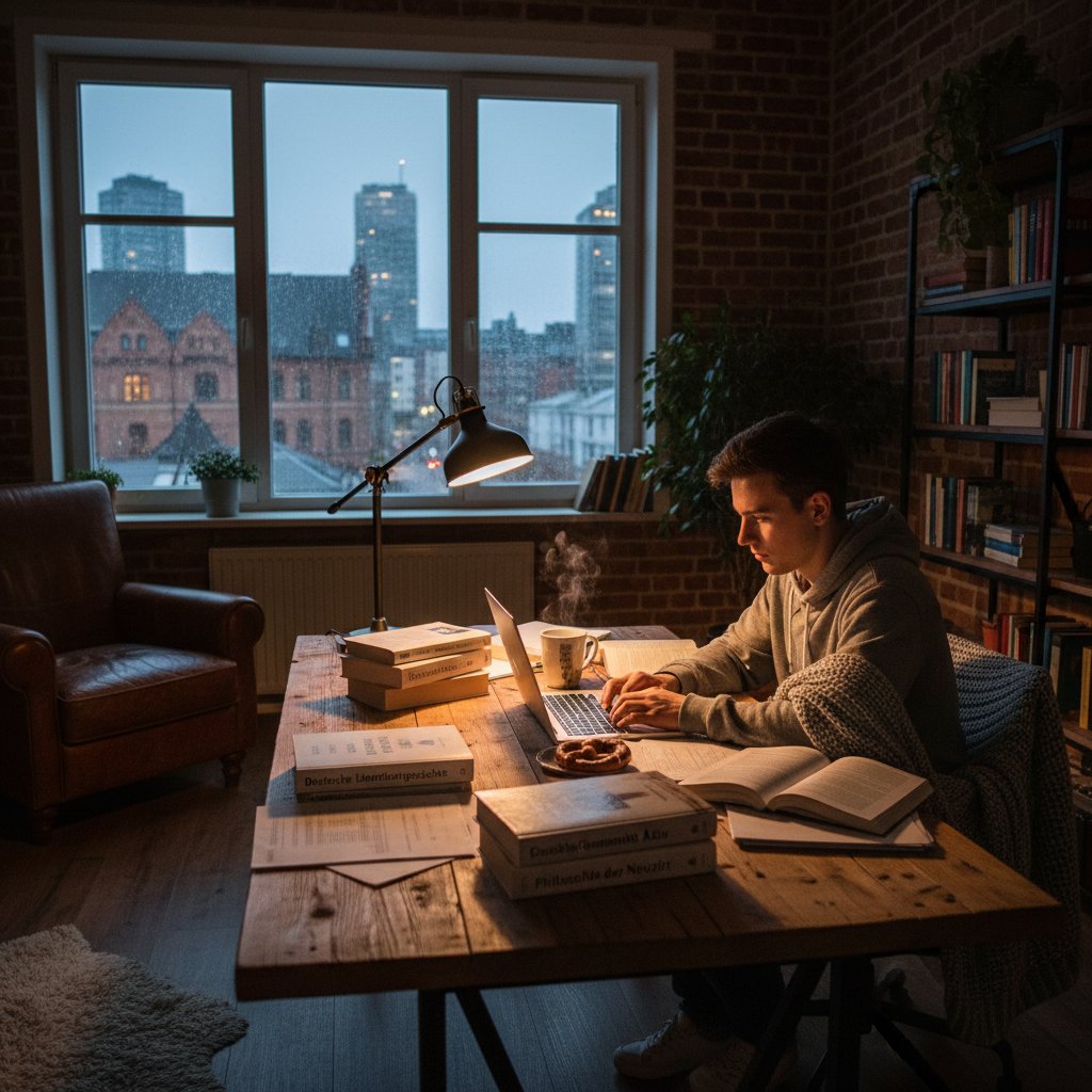 Uczeń korzystający z laptopa w nocy, otoczony podręcznikami do niemieckiego – niemiecki pomoc online