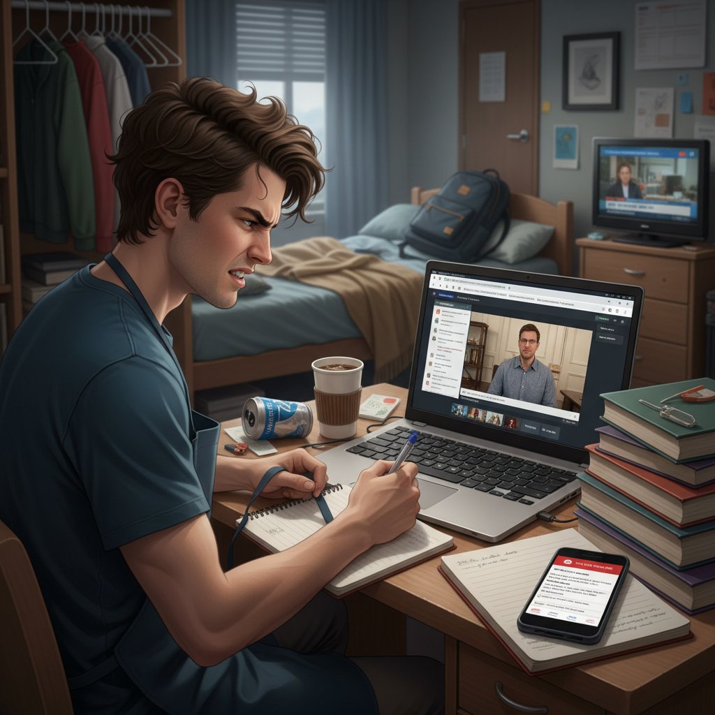 Student próbujący pogodzić studia online z pracą dorywczą – wyzwania i determinacja