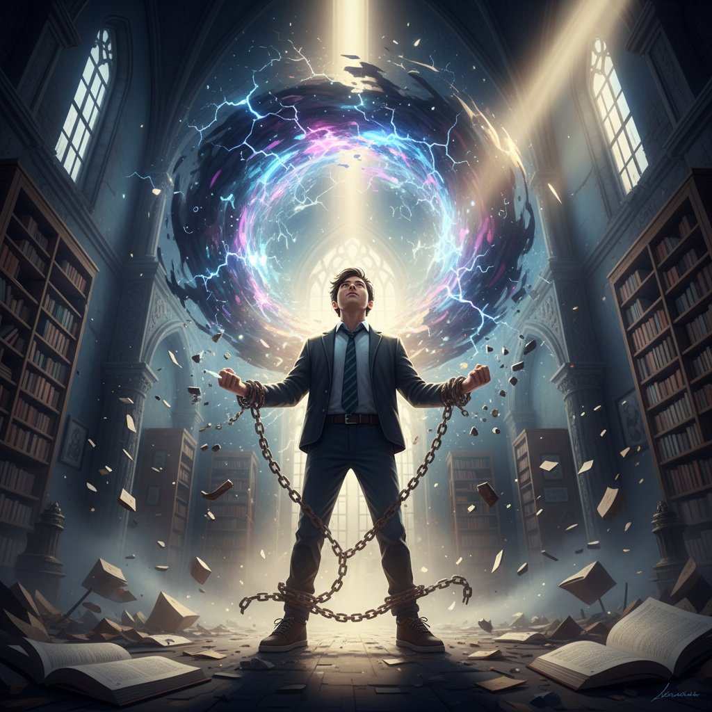 Uczeń zrywający łańcuchy ograniczeń psychicznych, dramatyczne światło, symboliczne zwycięstwo nad stresem i lękiem