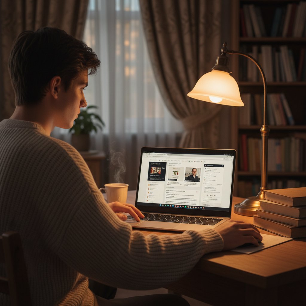 Uczeń szukający wsparcia w internecie – wieczorne światło, laptop na biurku