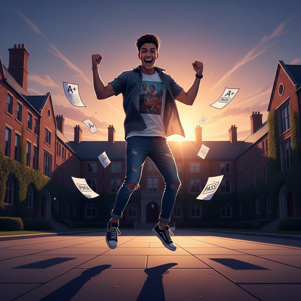 Uczeń świętujący świetny wynik egzaminu, wysoki kontrast, emocje sukcesu w nauce WOS online