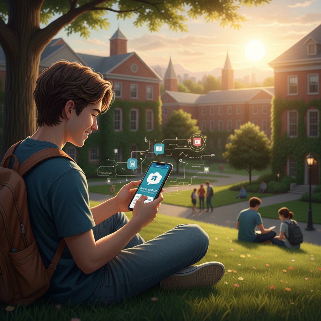 Student rozmawiający z chatbotem na smartfonie podczas spaceru po kampusie