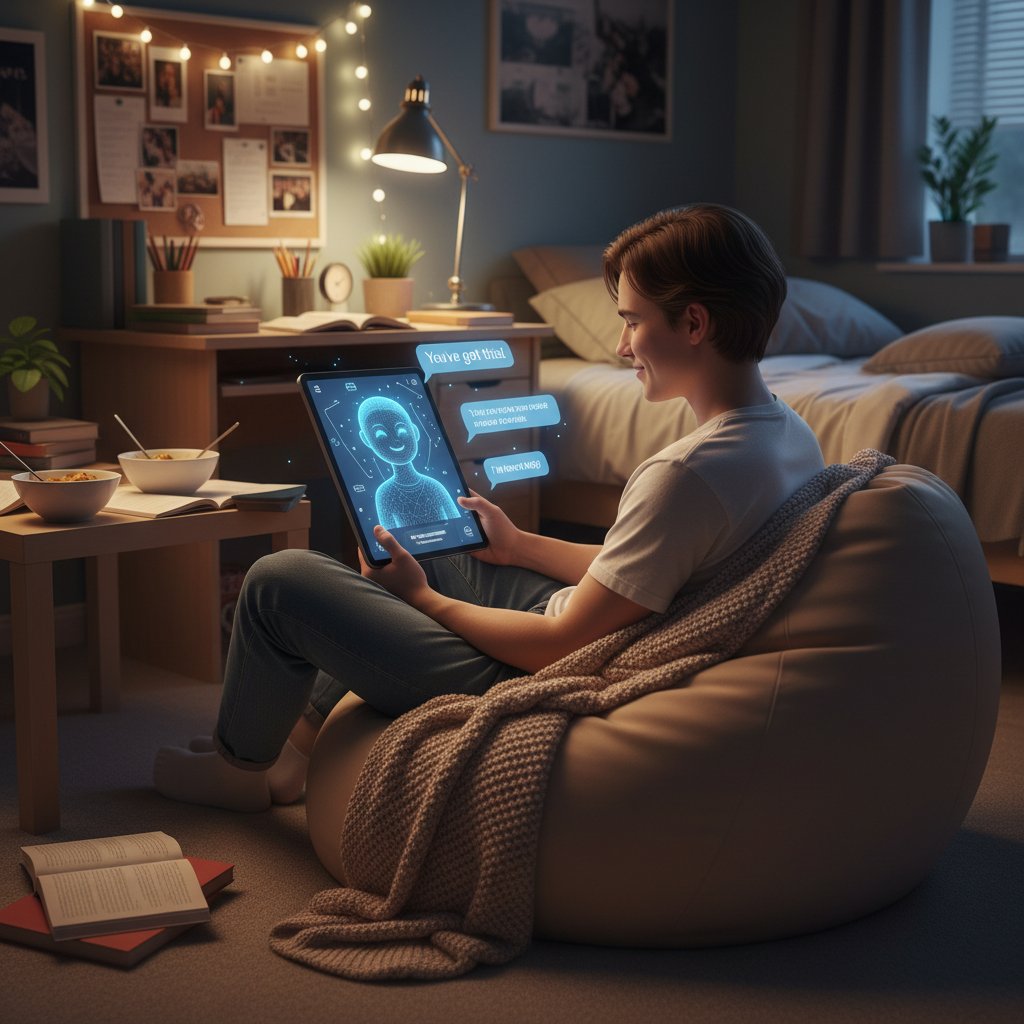 Student rozmawia z aplikacją AI, wyraz ulgi i skupienia, w tle akademik nocą