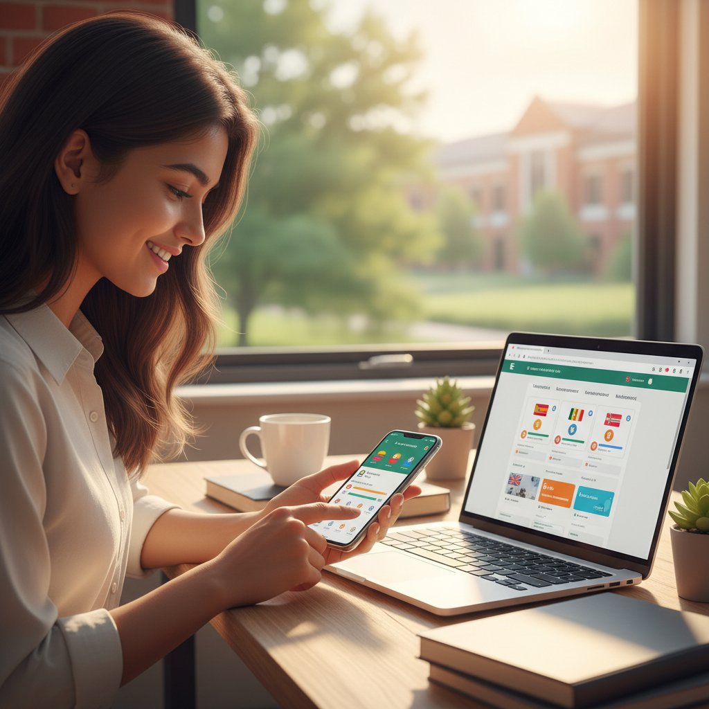Uczennica sprawdzająca powiadomienia na telefonie, uśmiechnięta, w tle widoczny ekran laptopa z aplikacją językową