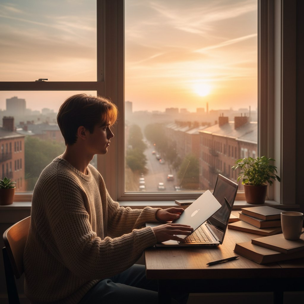 Uczeń po maturze online patrzący w przyszłość