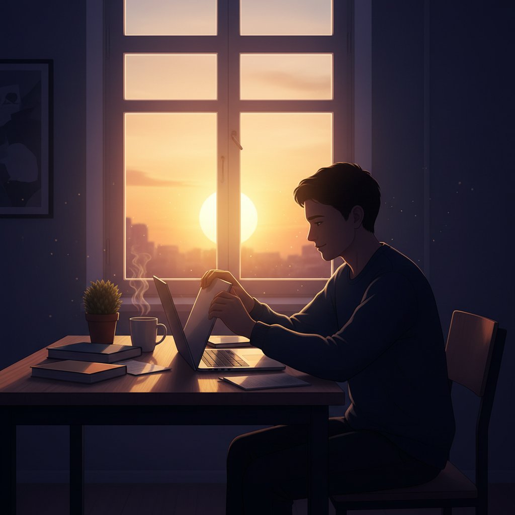Symboliczne zdjęcie: uczeń zamyka laptopa, za oknem wschodzące słońce, zakończenie ważnego etapu nauki