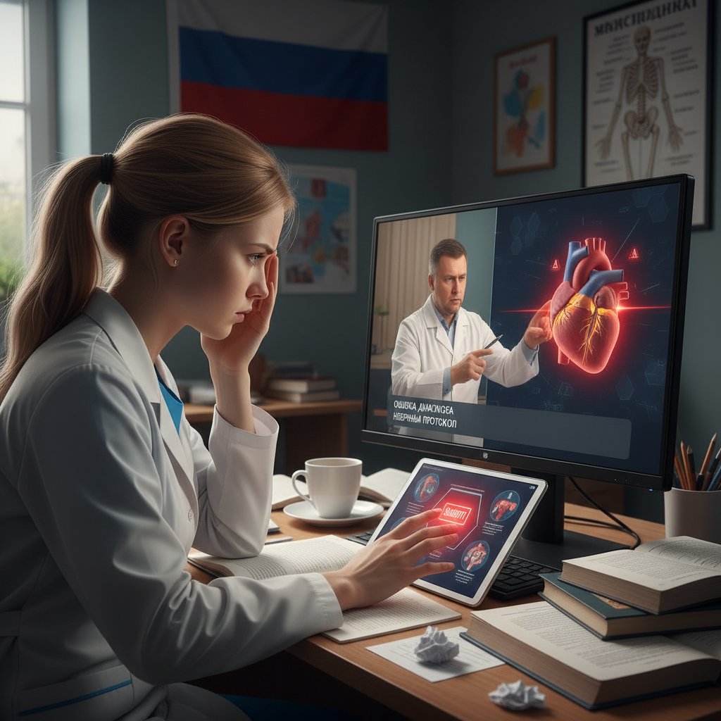 Nauka rosyjskiego medycznego online – student popełniający błędy przy komputerze