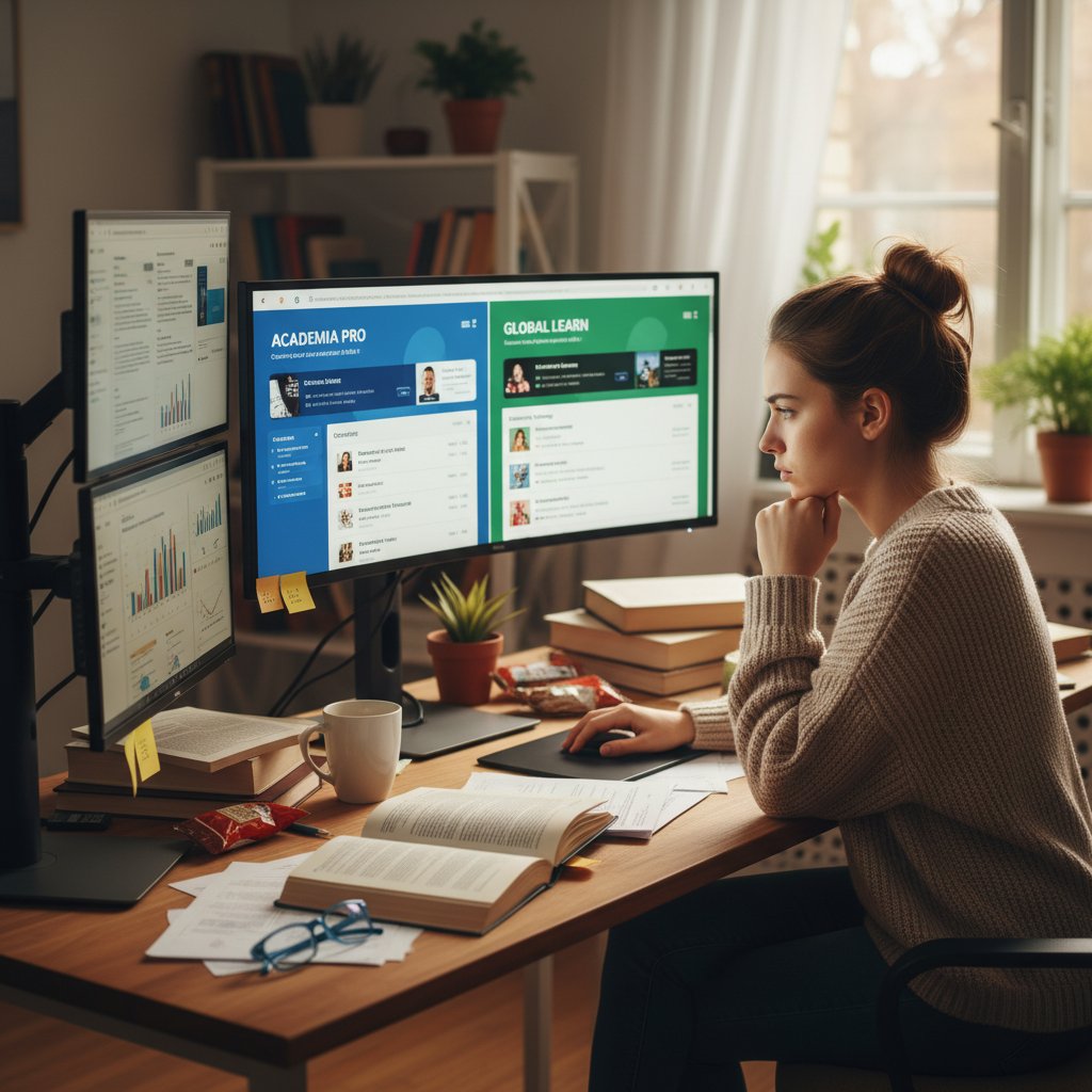 Nastoletni uczeń porównuje platformy do nauki biologii online przy biurku w domu, skupiony, realistyczny obraz