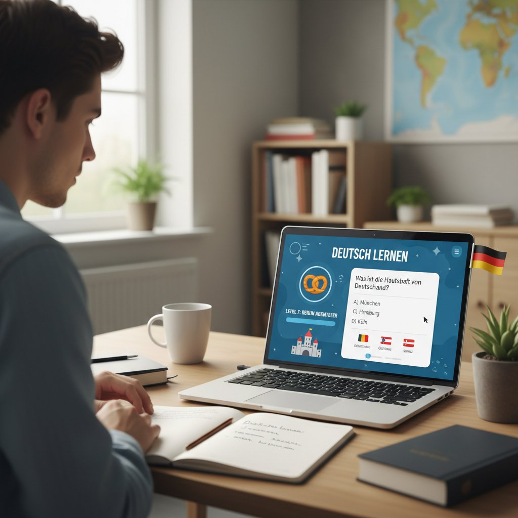 Młody człowiek przeglądający różne platformy edukacyjne na ekranie laptopa – niemiecki pomoc online w praktyce