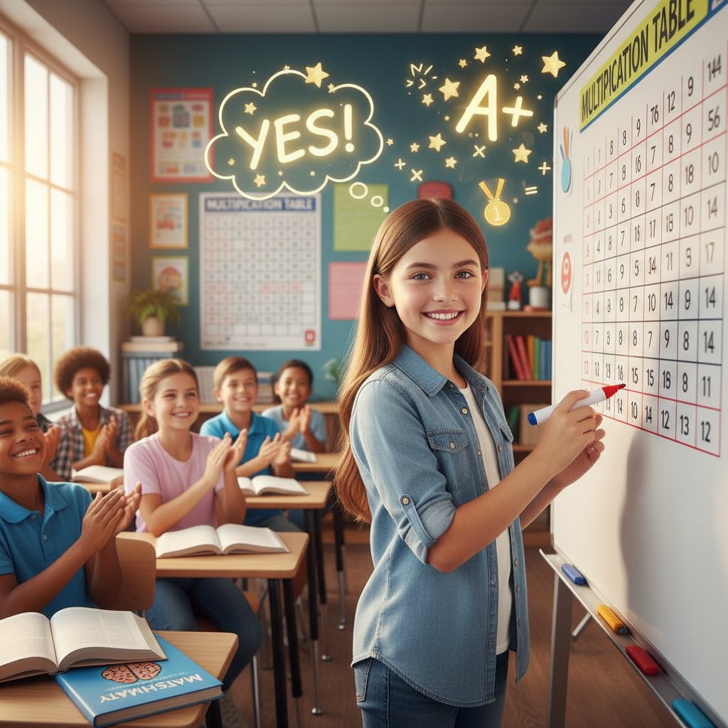 Uczeń zadowolony z sukcesu w matematyce, pewność siebie po opanowaniu tabliczki mnożenia