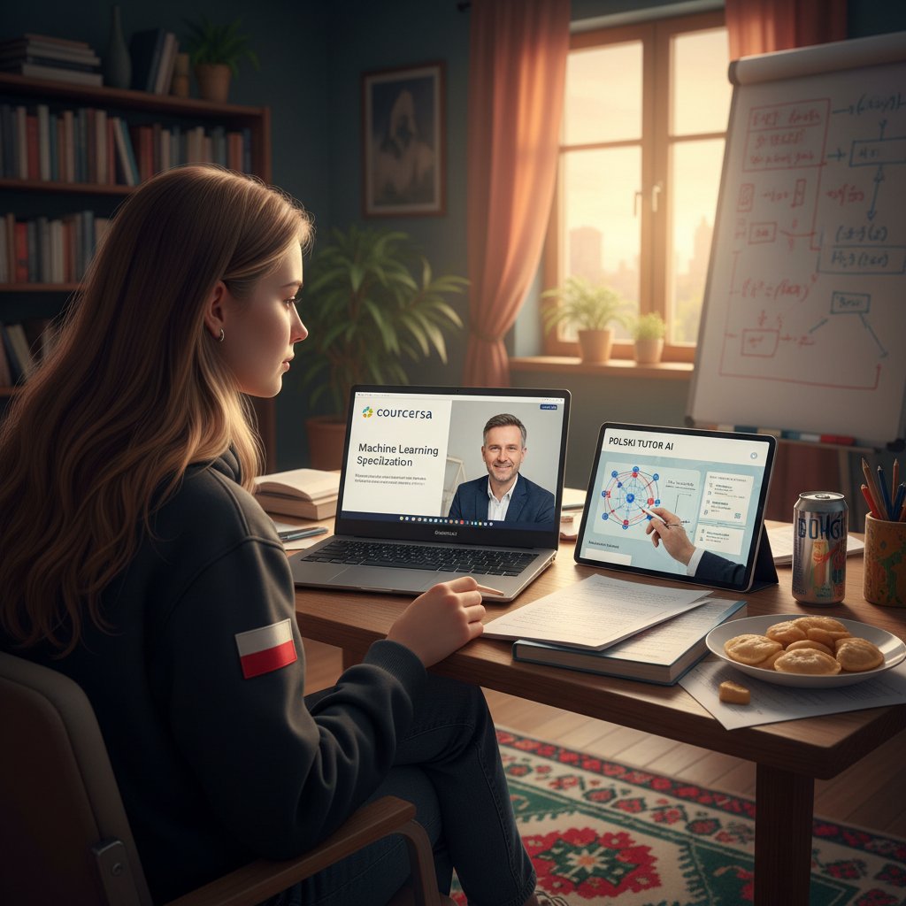 Po lewej: polski uczeń korzysta z Coursera; po prawej: drugi uczeń w domowym biurze z Osobistym korepetytorem AI, różne otoczenia, kolorowe światło