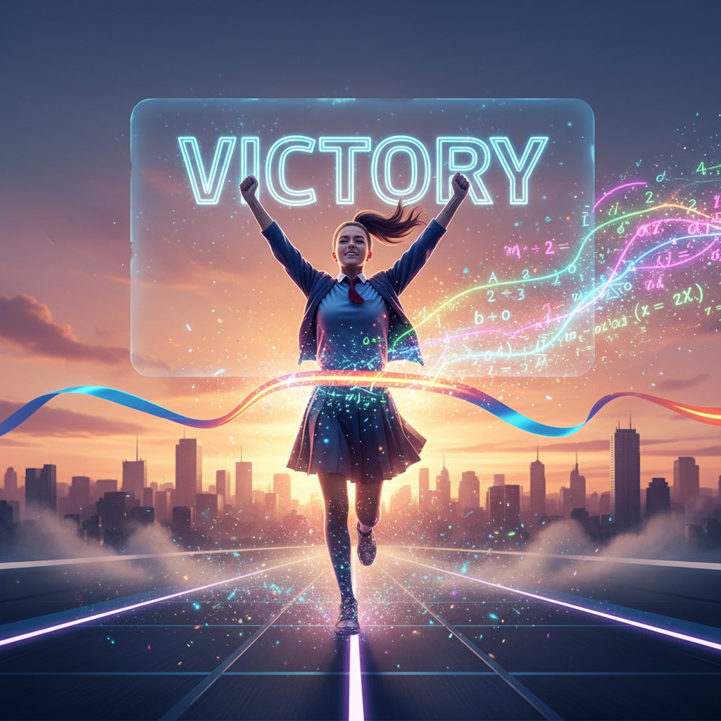 Uczeń przekraczający linię mety z symbolami nauki, zwycięstwo w edukacji, nauka kluczowym tematem