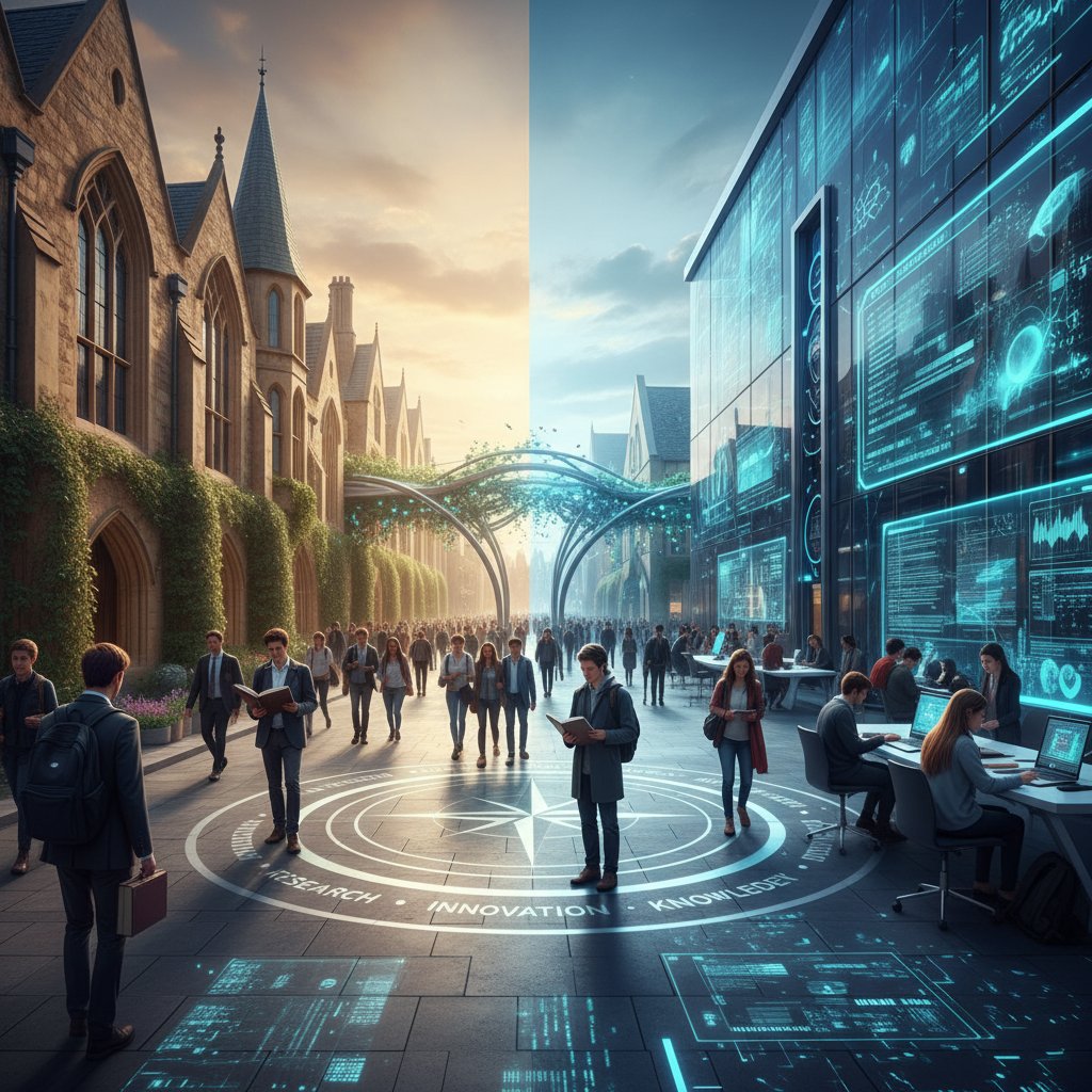 Photo: student at a crossroads, one path to classic university, another to glowing digital hub