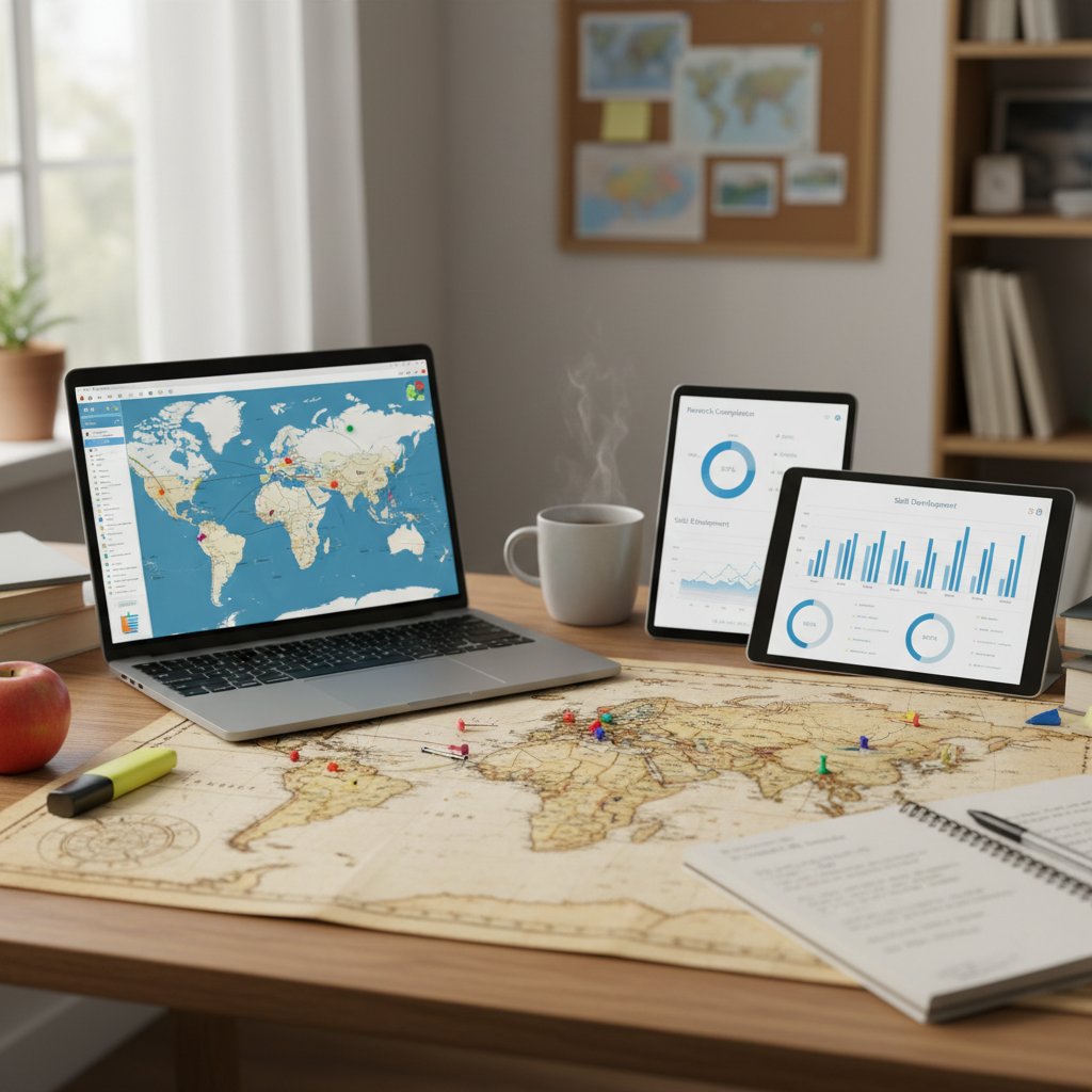 Uczeń przy biurku analizujący mapę na ekranie laptopa, z widocznymi cyfrowymi wykresami postępów