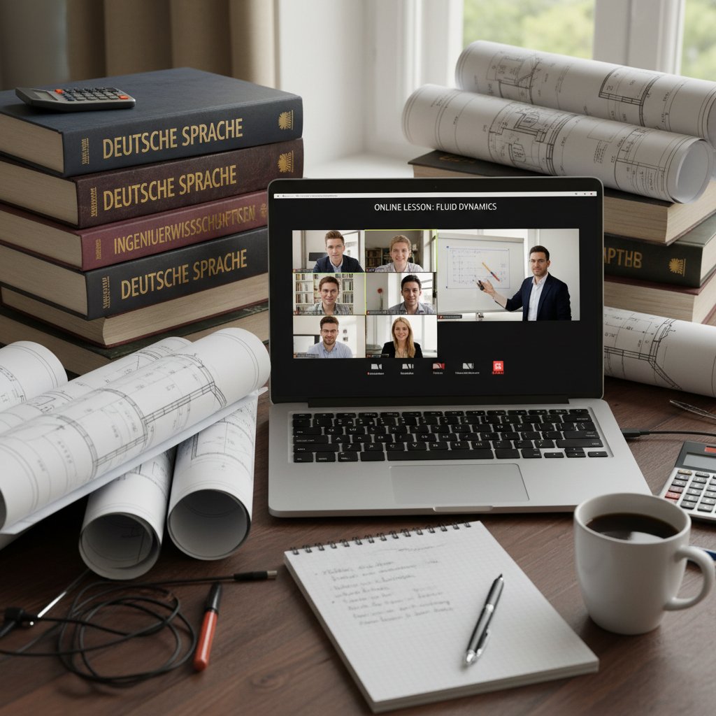 Biurko ucznia technikum przygotowanego do zdalnych lekcji niemieckiego