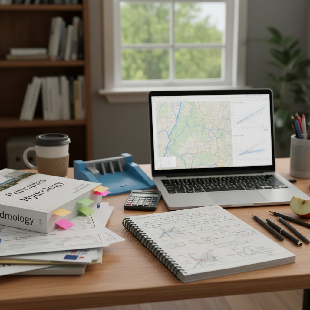 Nowoczesne biurko ucznia z komputerem, notatkami i materiałami do hydrologii, światło dzienne