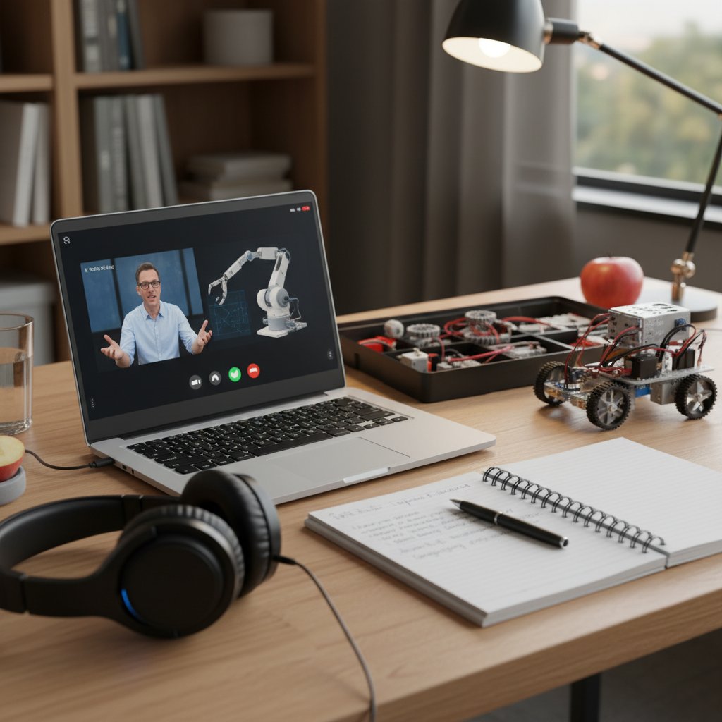 Biurko ucznia przygotowane do lekcji robotyki online: laptop, zestaw edukacyjny, notatnik i słuchawki