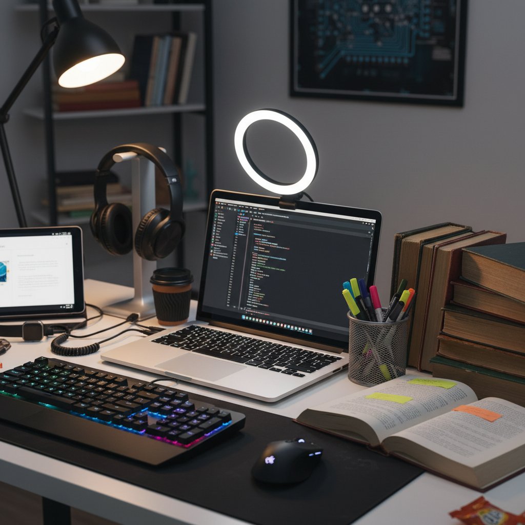 Przygotowanie stanowiska do nauki hybrydowej – biurko, gadżety i książki