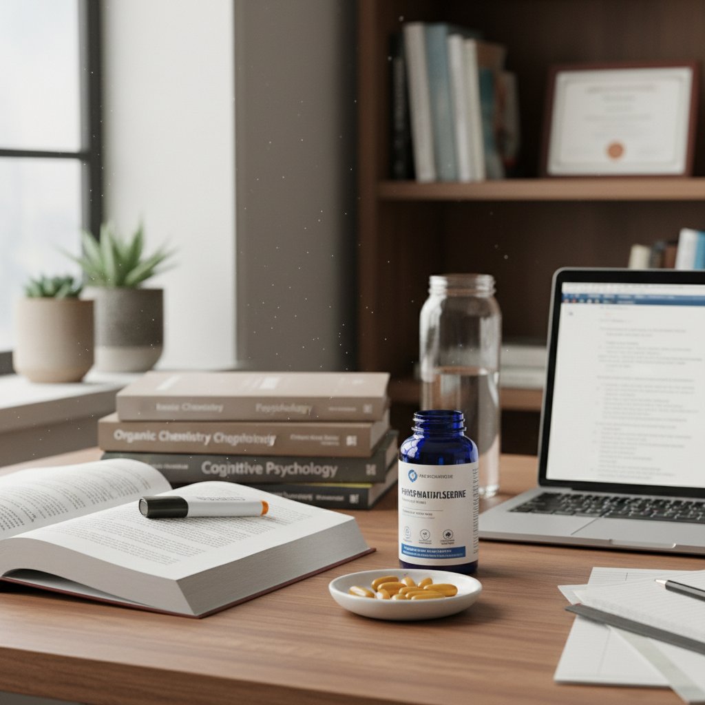 Studentka przy biurku z książkami i kapsułkami – użytkownicy fosfatydyloseryny w życiu codziennym