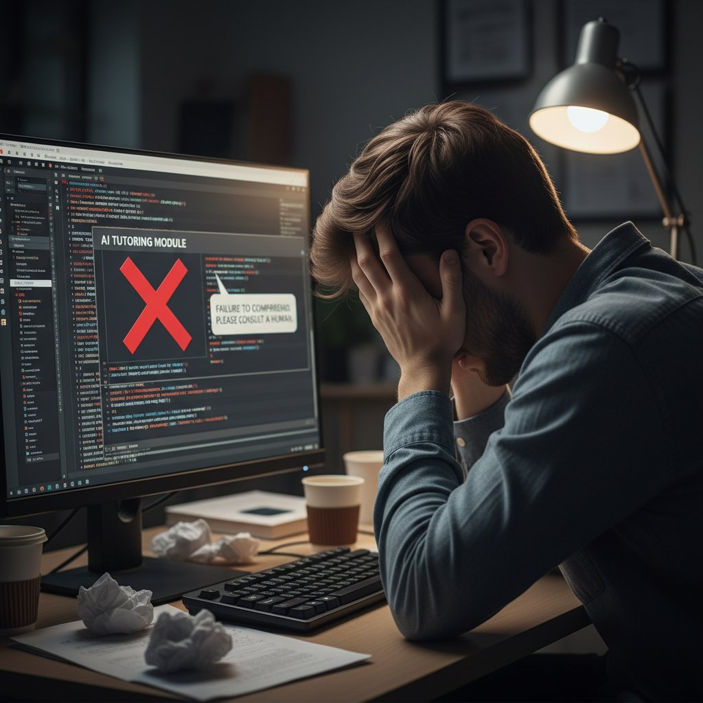 Uczeń z rezygnacją patrzący na ekran komputera podczas nauki online, konsekwencje błędów algorytmów