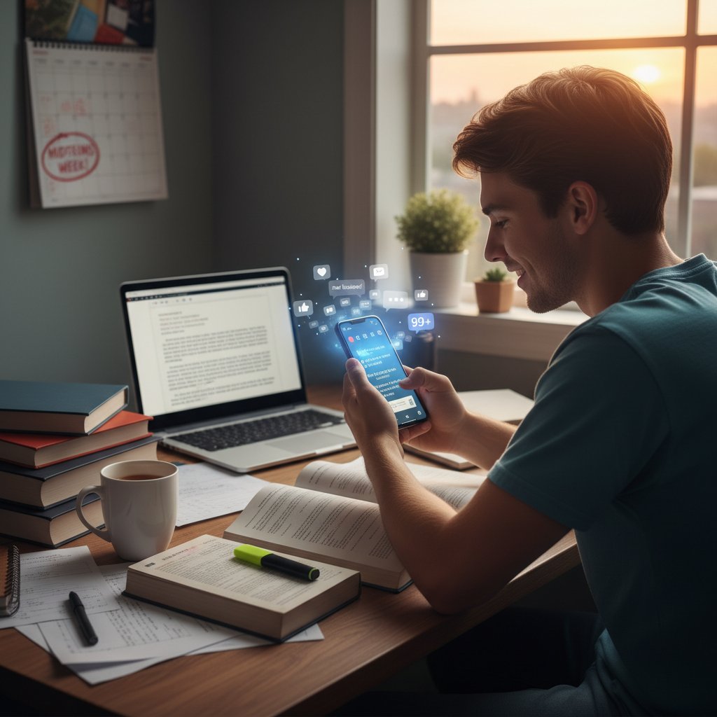 Student rozproszony przez telefon i powiadomienia w trakcie nauki, biurko z notatkami