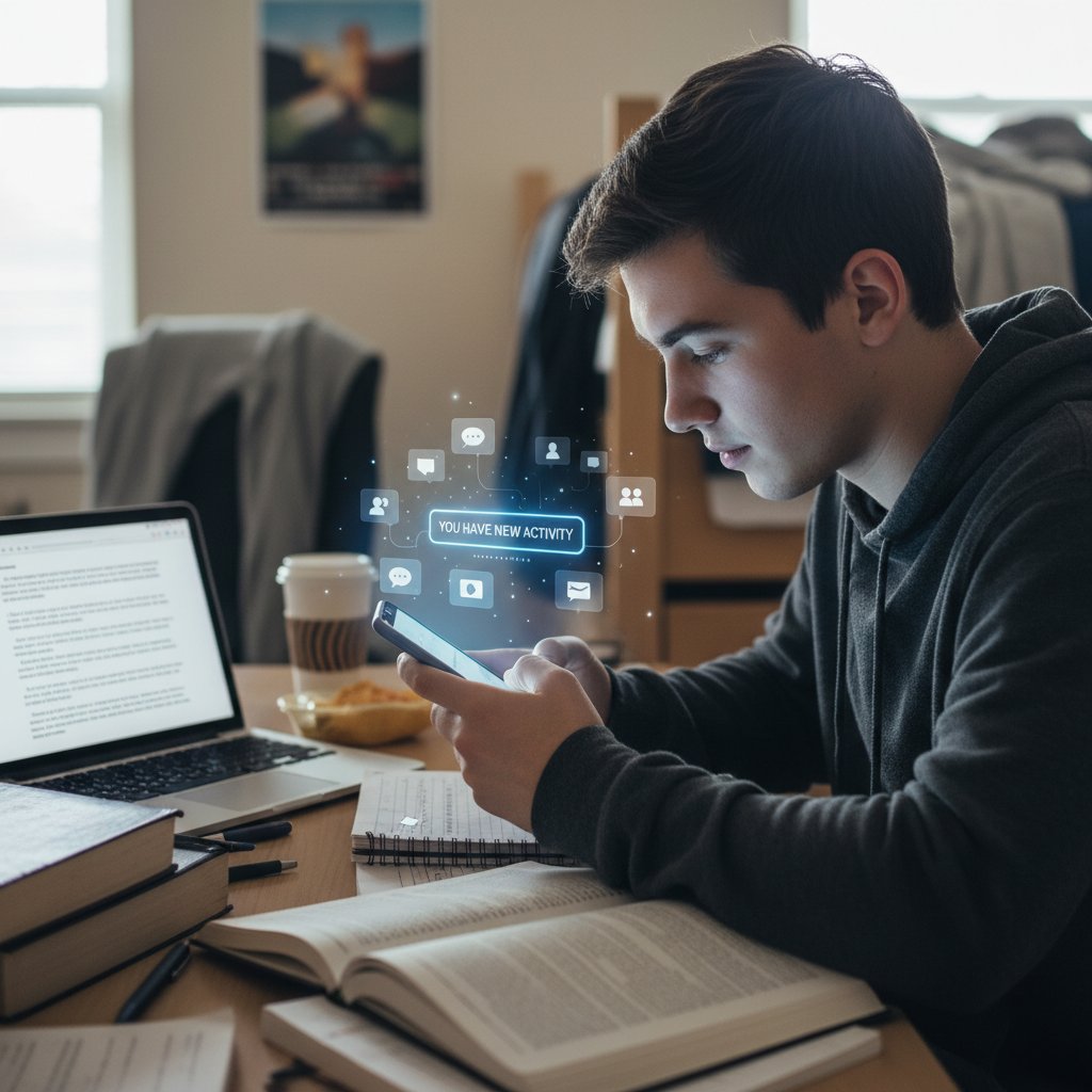 Student rozproszony powiadomieniami na telefonie podczas nauki, symbolizuje wpływ mediów społecznościowych na efektywność nauki
