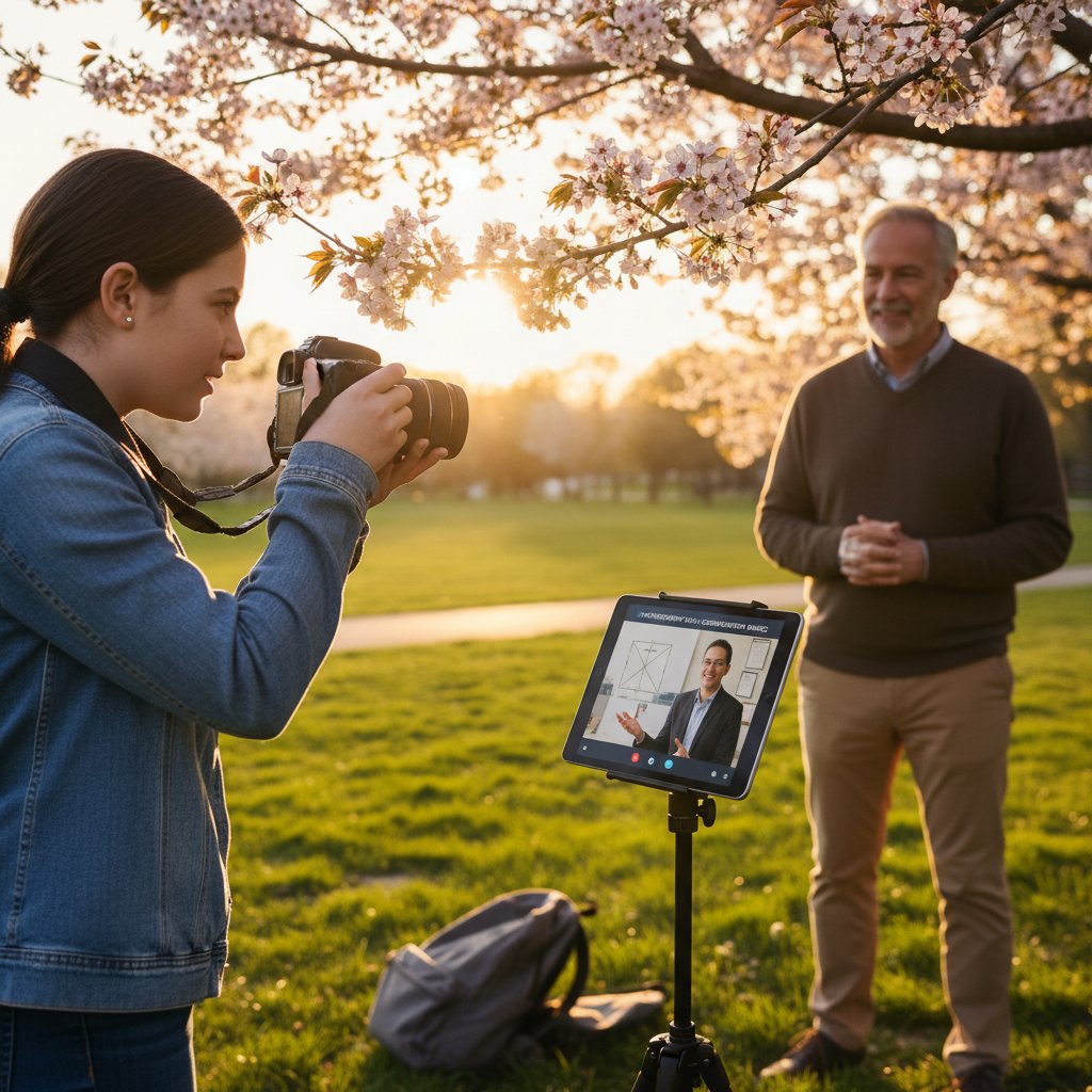 Uczeń wykonuje pierwsze zadanie fotograficzne podczas wideolekcji, korepetytor obserwuje przez kamerę