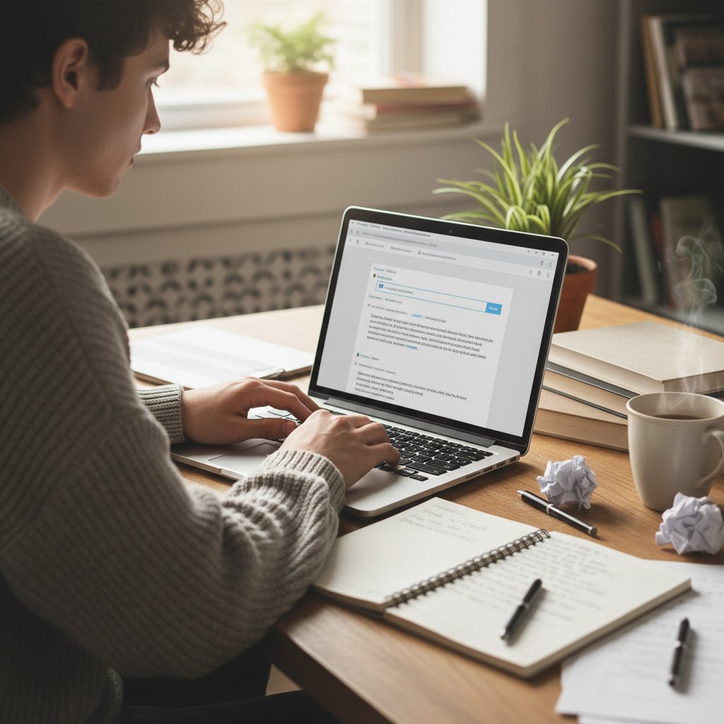 Uczeń piszący podanie online, notatki i laptop na biurku, temat: podanie online korepetycje