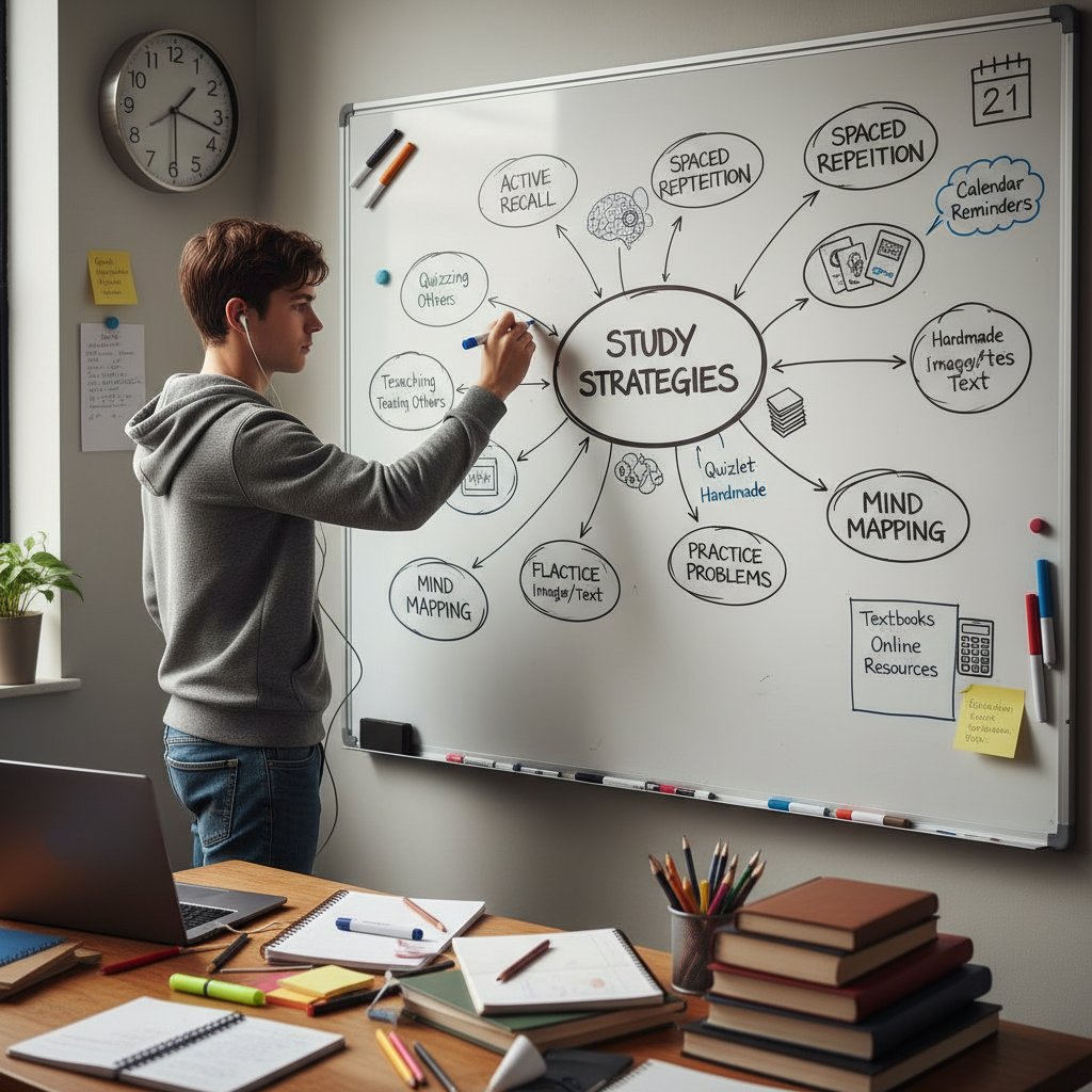 Student rysujący mapę myśli na białej tablicy – skuteczne systemy notowania