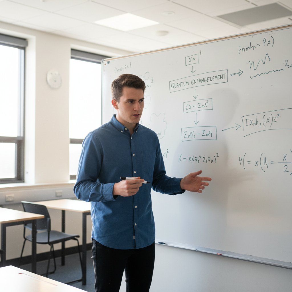 Technika Feynmana w praktyce – student tłumaczący zagadnienie na tablicy, skupiony wzrok