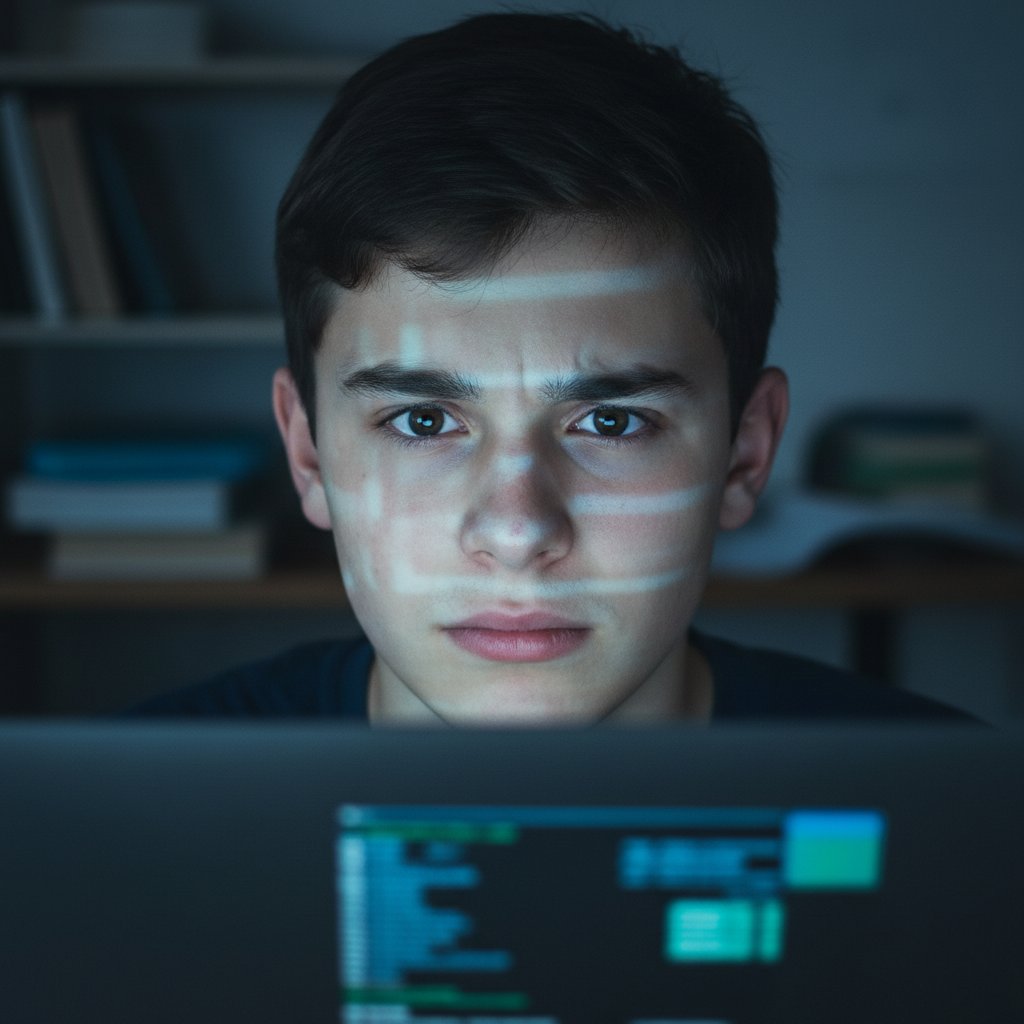 Zbliżenie na twarz ucznia oświetloną ekranem komputera — motywacja i niepokój, nauczanie adaptacyjne online