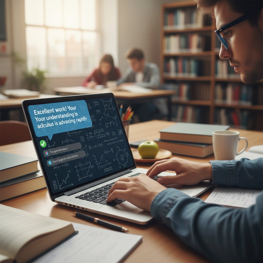 Uczennica przy laptopie analizuje informację zwrotną otrzymaną po rozwiązaniu zadania matematycznego