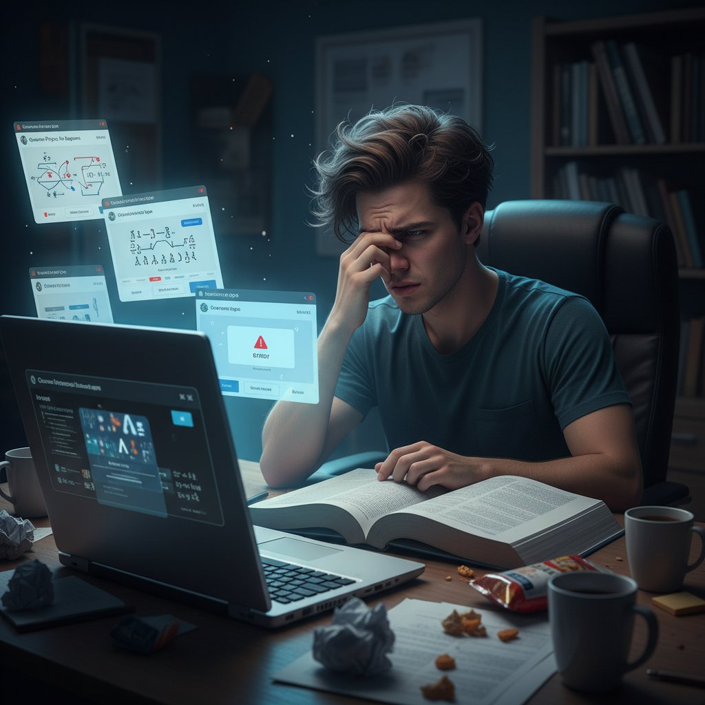 Student zrezygnowany przed komputerem, otwarte aplikacje do nauki, widoczne zmęczenie i dezorientacja