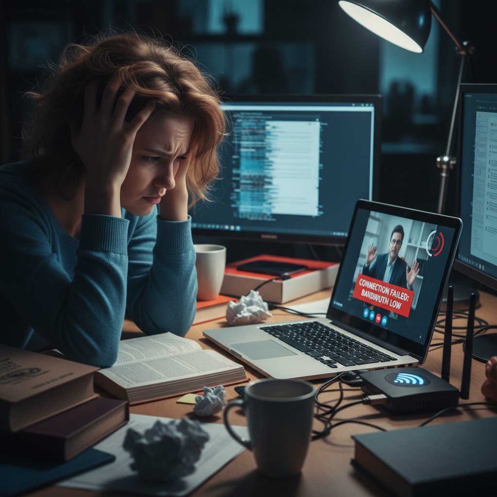 Uczennica frustruje się podczas zajęć online z powodu problemów technicznych