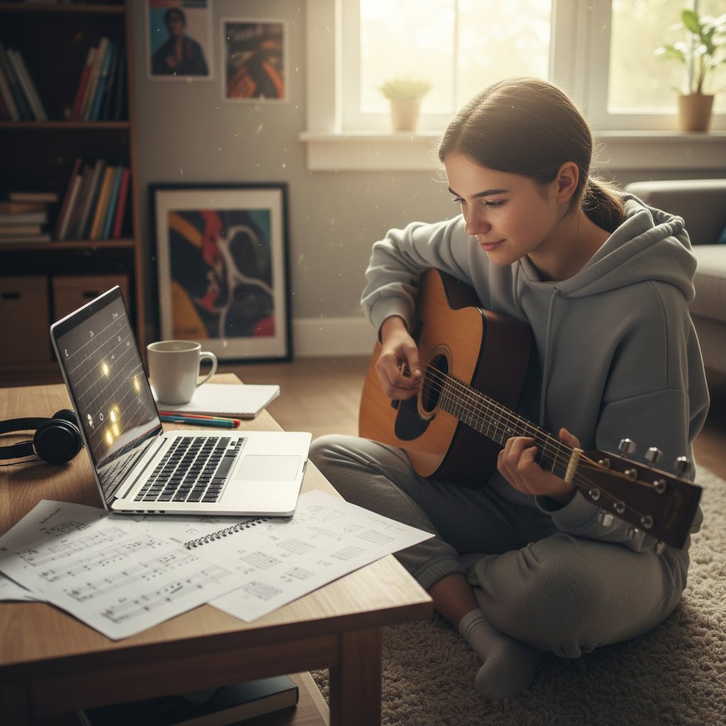 Uczennica ćwicząca akordy gitarowe z widocznym laptopem, notatki na stole, skupienie