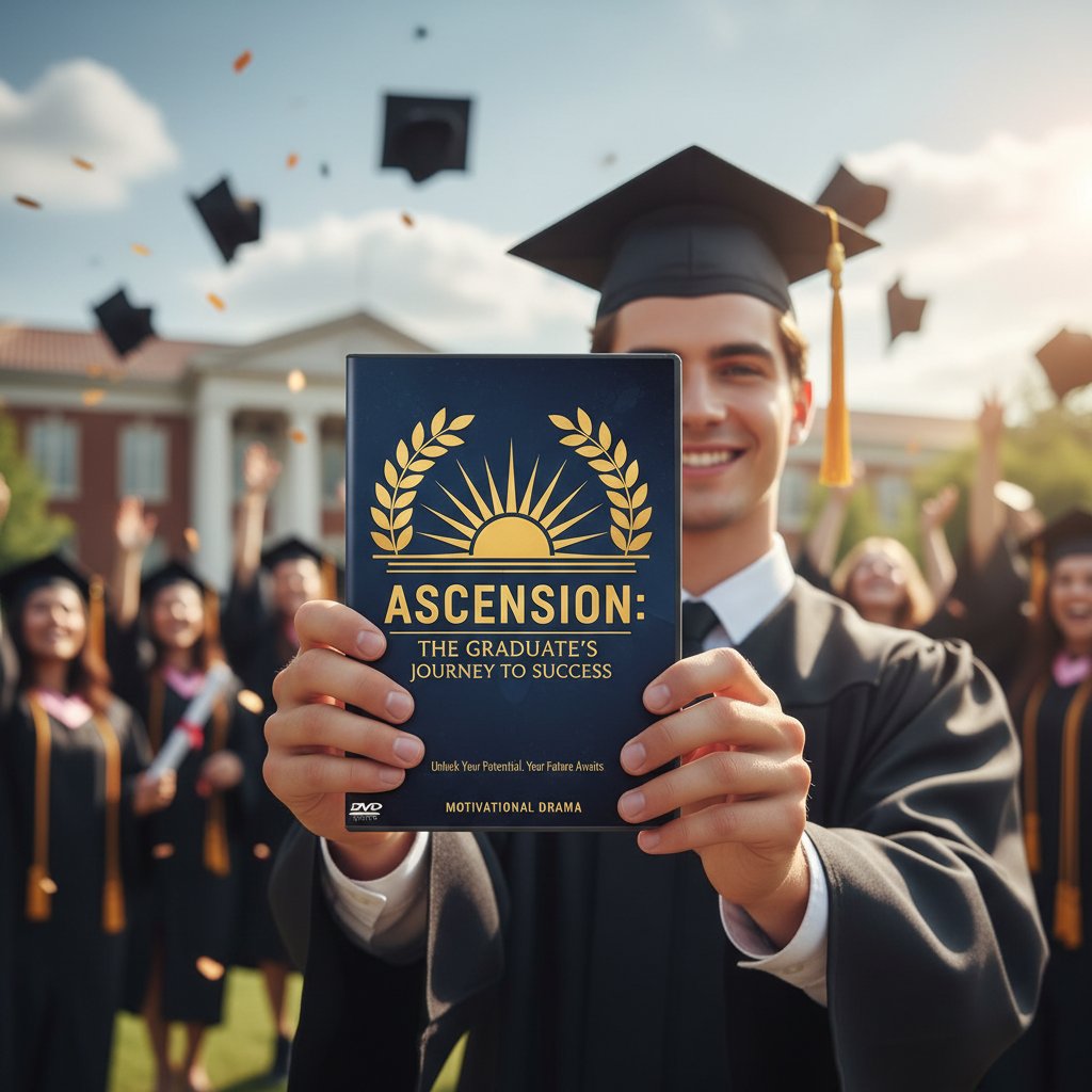 Student in graduation gown holding a film DVD, smiling, credits graduation to motivational movie