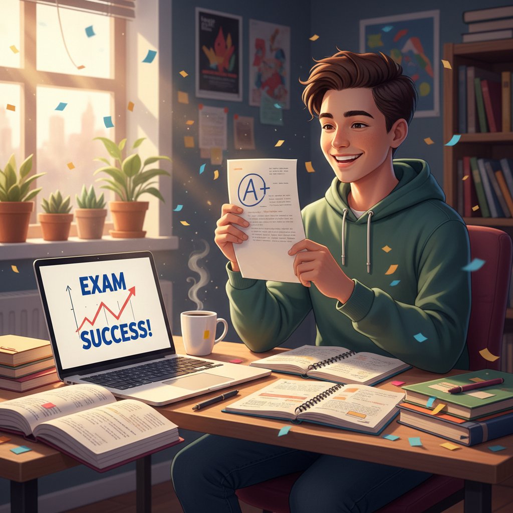 Student celebrujący zdany egzamin, w tle notatki, komputer, wybuch radości