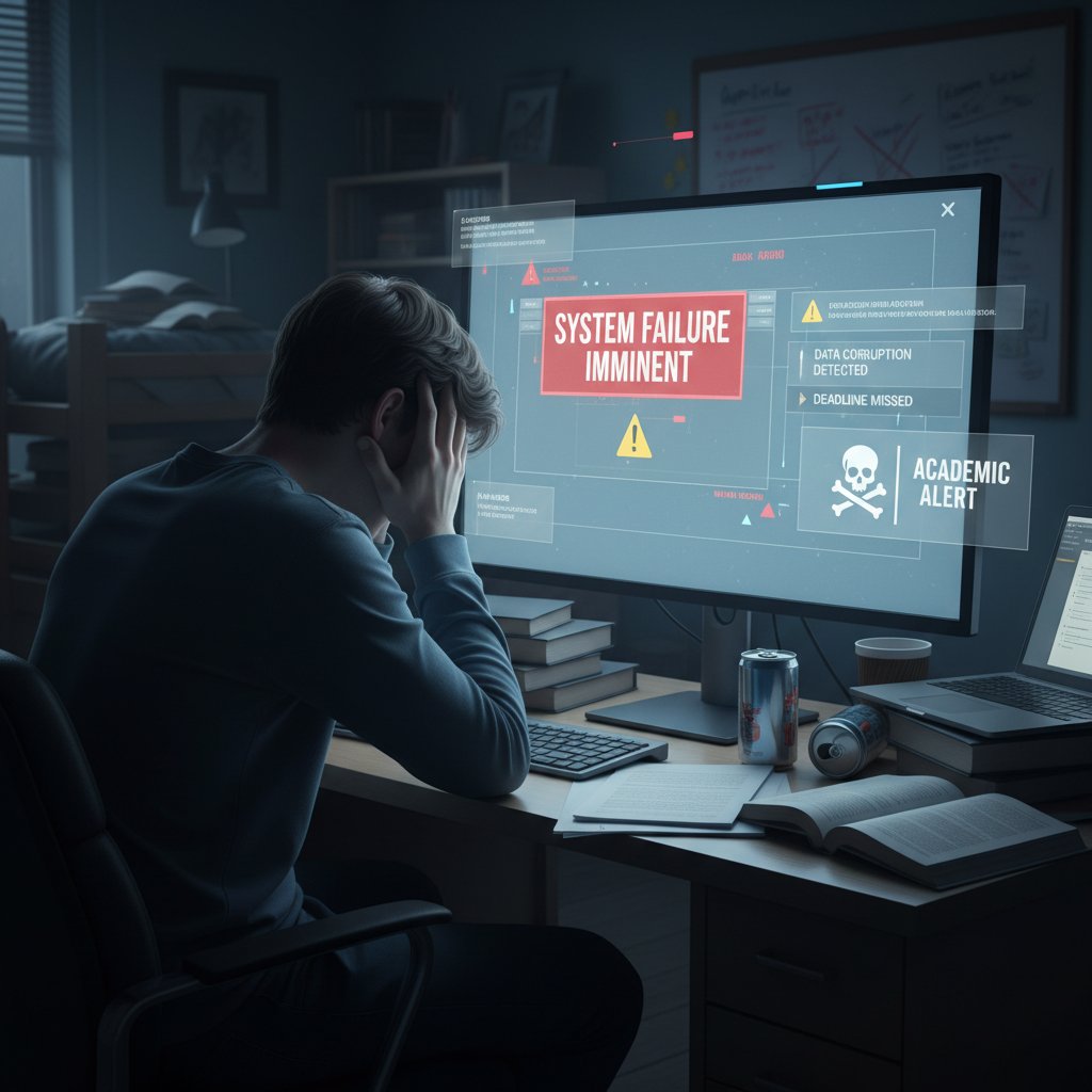 Uczeń doświadczający porażki podczas matury online, głowa w dłoniach, ostrzegawcze znaki na ekranie