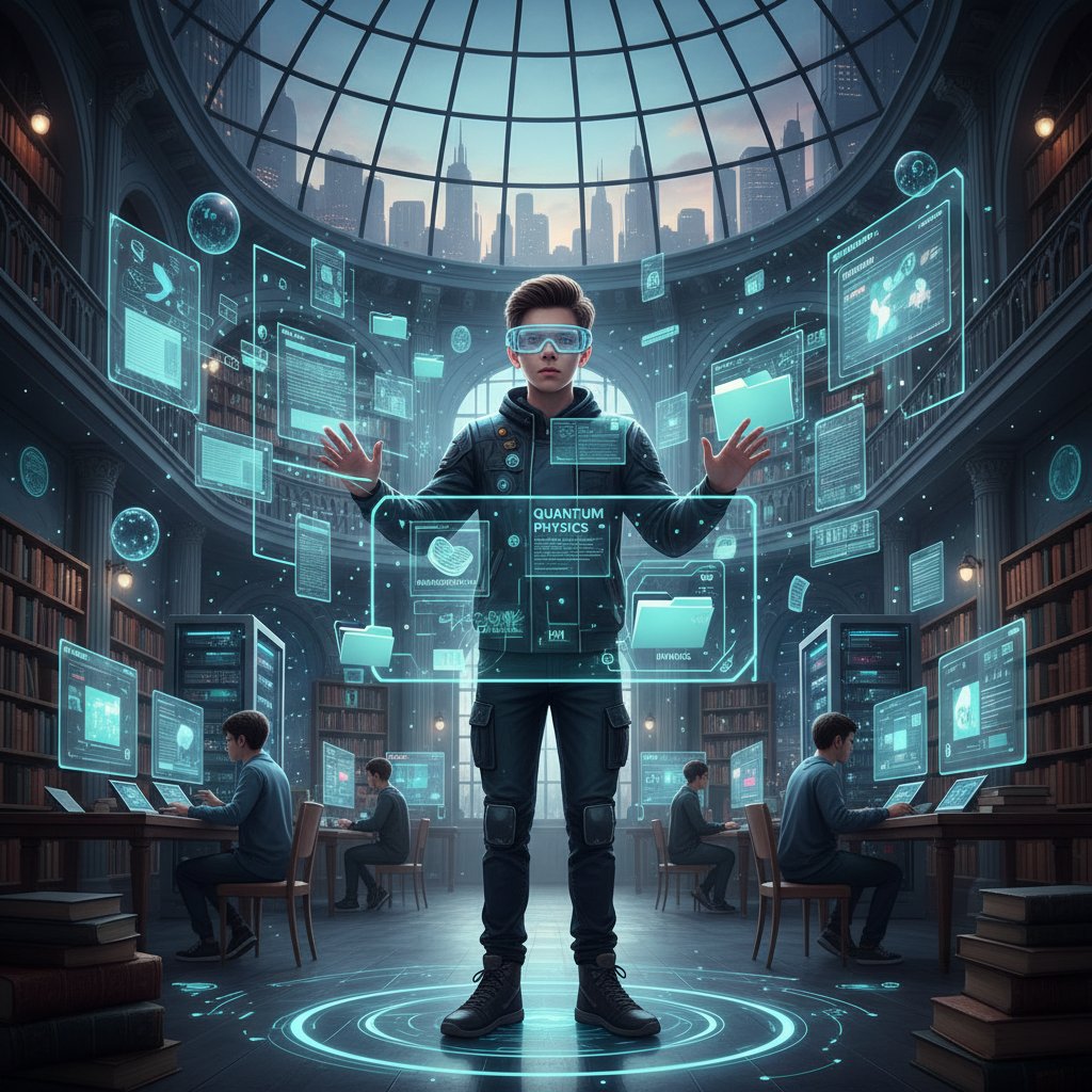 Professional student interacting with a holographic interface sorting research papers in a high-tech university library, symbolizing AI-powered thesis research acceleration