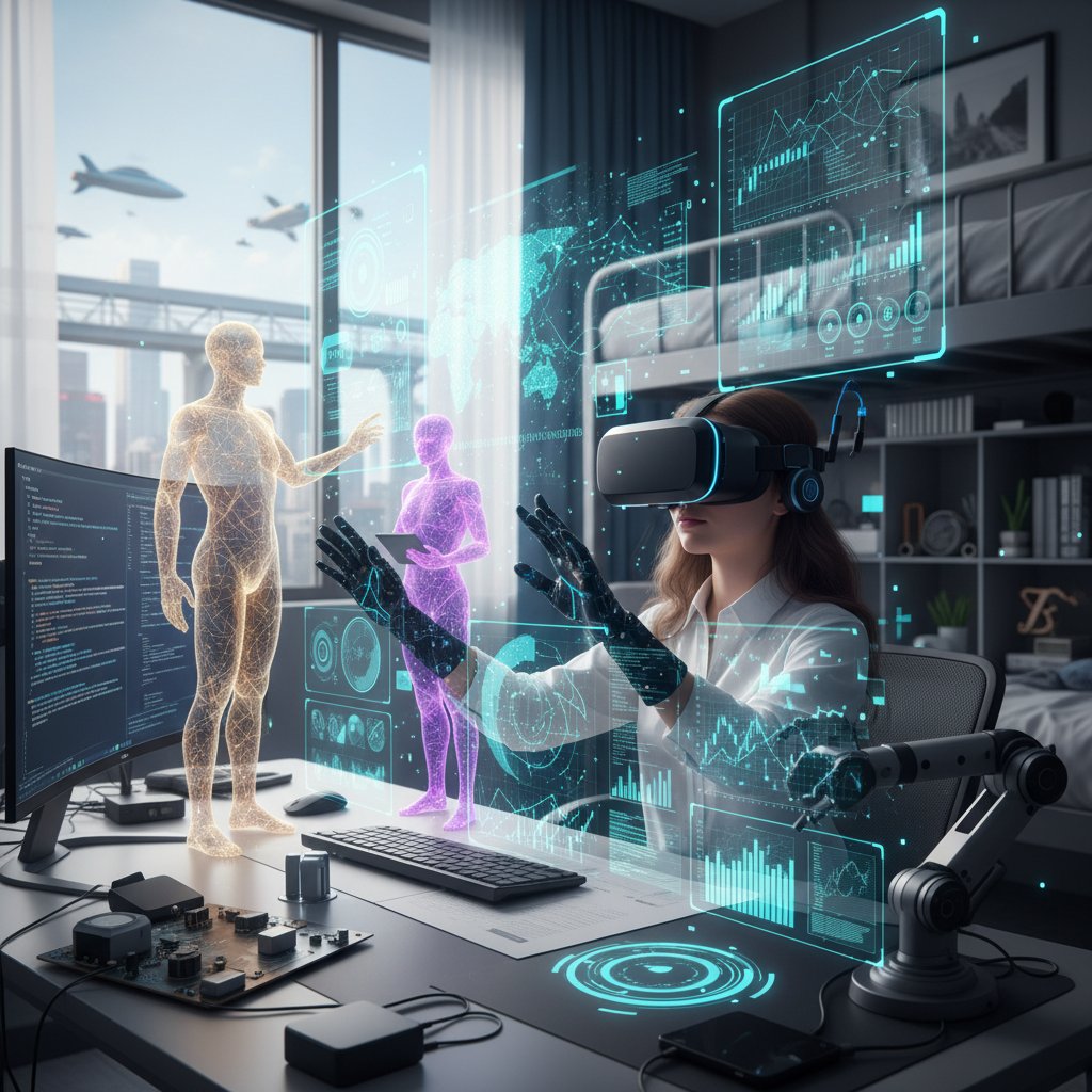 Student w świecie VR podczas korepetycji przyszłości, otoczony hologramami i AI awatarami